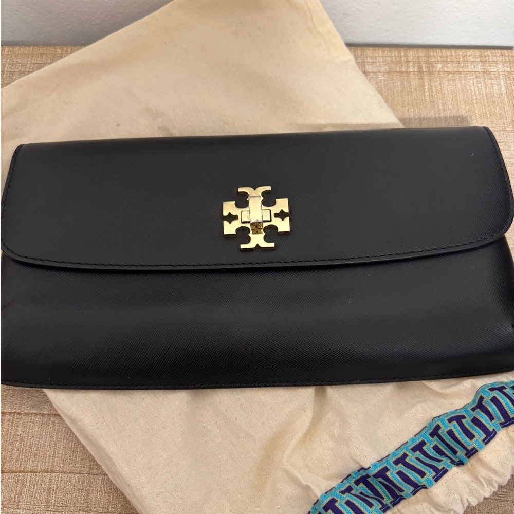 Tory Burch Black Leather Clutch with Gold Logo